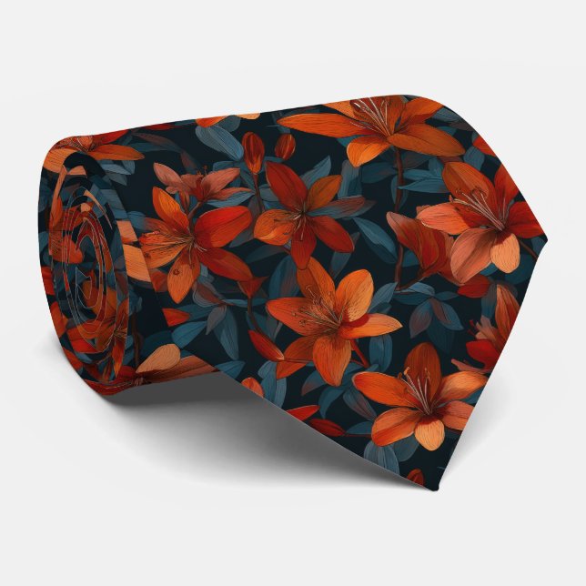 Djärkt Orange Lilja Blommönster på Mörkt Slips (Rullad)