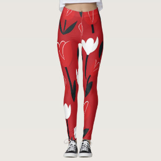Djärkt rött och vitt tulpanfjäderfloralt mönster leggings