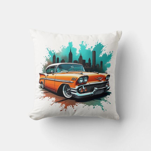 Djärv 1958-bil med himmel och färgstänk-design kudde (Framsida)