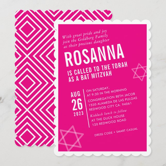 DJÄRV BAR MITZVAH modern vinkel söt het rosa vit Inbjudningar (Fram/baksida)