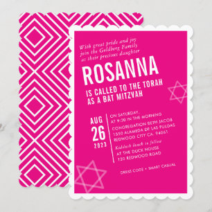 DJÄRV BAR MITZVAH modern vinkel söt het rosa vit Inbjudningar