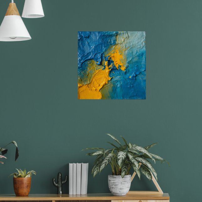 Djärv blå och gul impasto abstrakt konstaffisch |  poster (Vardagsrum 1)