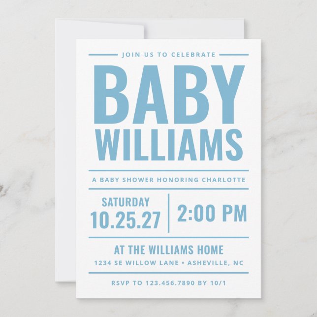 Djärv blå typografi pojke baby shower inbjudningar (Framsida)