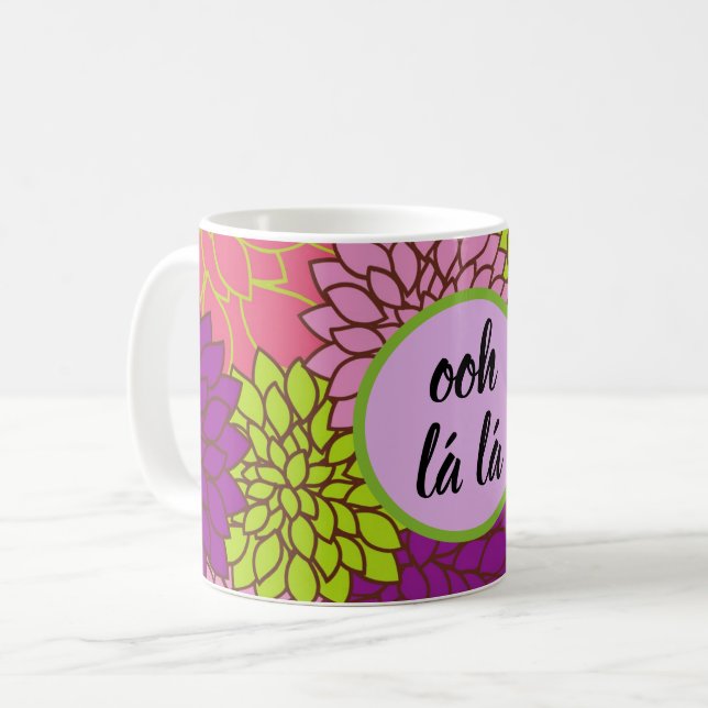 Djärv Blommig Ooh la la/ Monogram Rosa Purpur Grön Kaffemugg (Framsida vänster)