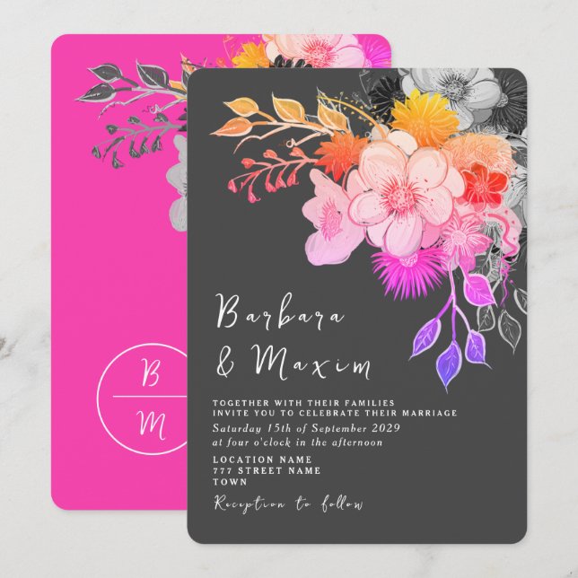 Djärv Blommig Rosa & Svart Bröllopsinbjudan Inbjudningar (Fram/baksida)