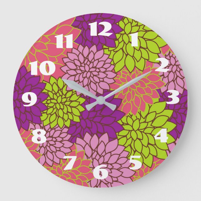 Djärv blomsterdesign i limegrönt, rosa, lila stor klocka (Framsida)