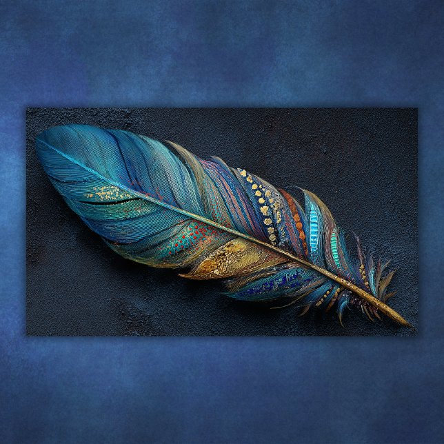 Djärv Boho Turkos Blå Guld Fjäder Konstnärlig Desi Poster (Bold Boho Teal Blue Gold Feather Artistic Design Poster)