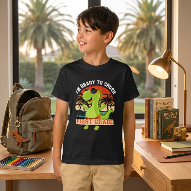 Djärv Dinosaurie T-Rex Redo att Krossa 1:a Klass - T Shirt (Bold Dinosaur T-Rex Ready To Crush 1st Grade Back-to-School Kids)