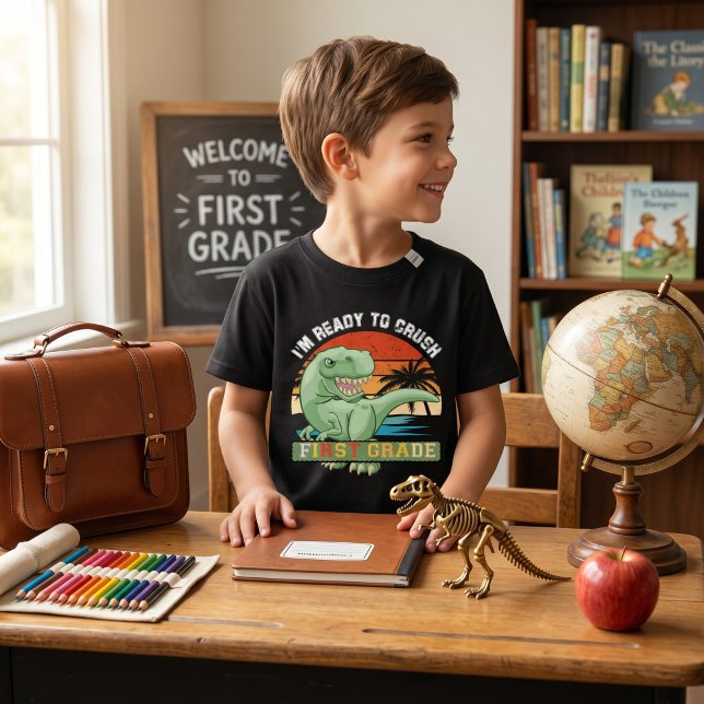 Djärv Dinosaurie T-Rex Redo att Krossa 1:a Klass - T Shirt (Bold Dinosaur T-Rex Ready To Crush 1st Grade Back-to-School Kids)