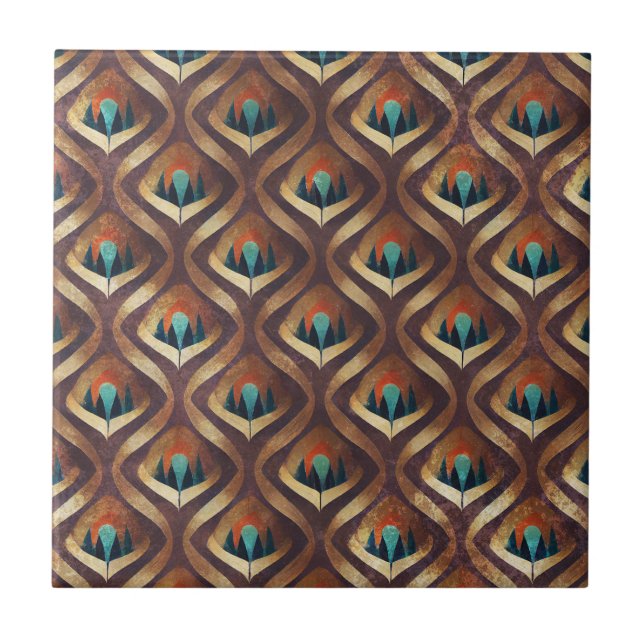 Djärv geometrisk Art Deco i teal och bruna nyanser Kakelplatta (Framsidan)