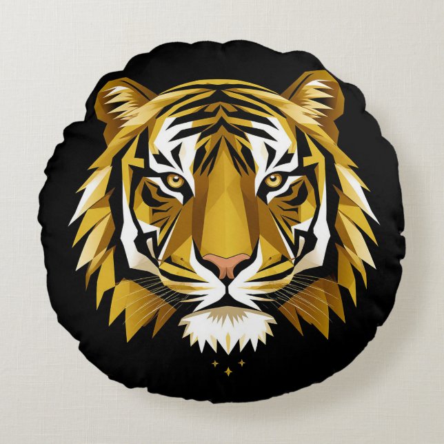 Djärv geometrisk tigerporträtt med abstrakt guld rund kudde (Framsidan)