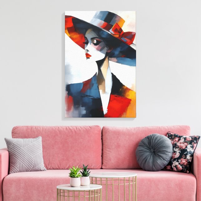 Djärv Glamour Kvinna i Hatt Konst Canvastryck (Insitu (Vardagsrum))