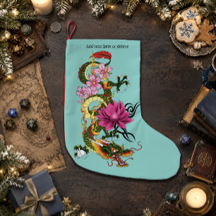 Djärv Grön Kinesisk Drak Lotus Teal Tatuering Liten Julstrumpa