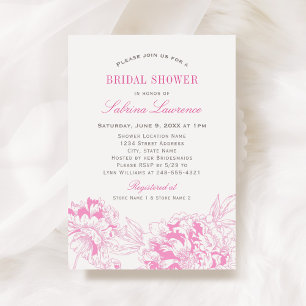 Djärv Hot Pink Peony Sketch Bröllopsdusch Inbjudningar