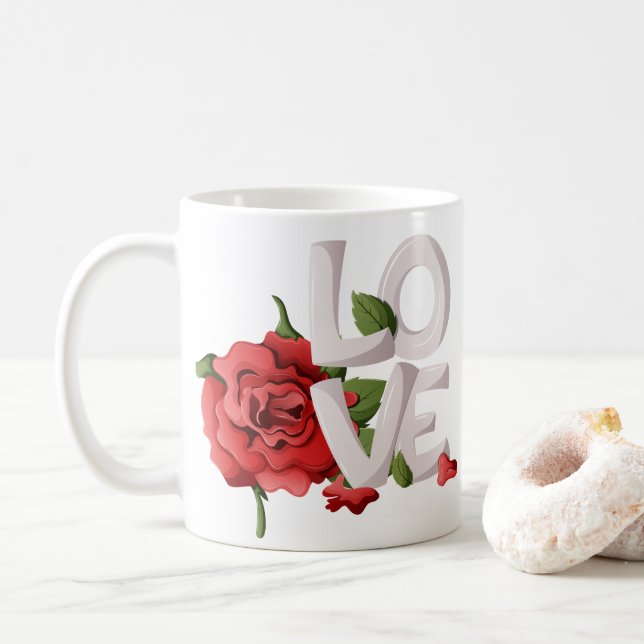 Djärv kärleksbokstav med romantisk röd rosbladverk kaffemugg (Med munk)