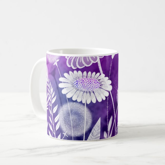 Djärv lila och violett vild blomkonst kaffemugg (Framsida vänster)