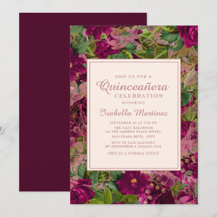 Djärv lila vin lacy rosa blomster Quinceañera Inbjudningar