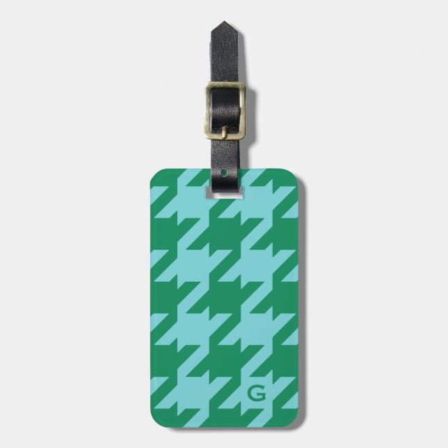 Djärv modern grön blåtthoundstooth med monogramen bagagebricka (Vertikal Framsida)