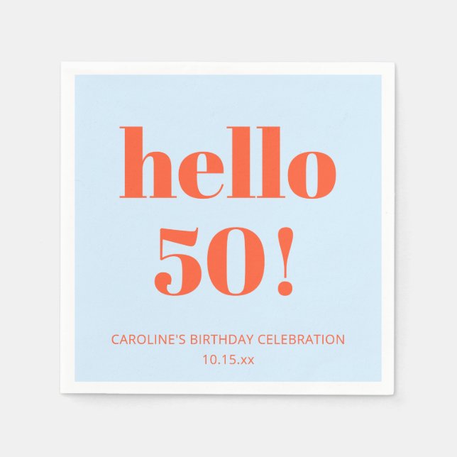 Djärv Modern Retro Blå Orange 50-års Födelsedag Pappersservett (Framsidan)