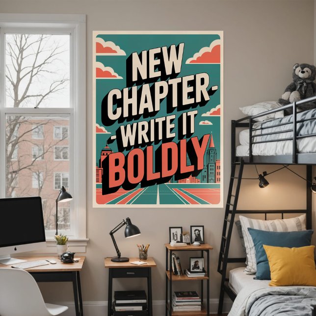 Djärv Motiverande Ny Kapitel Modern Stadssilhuett Poster (Bold, minimalist poster with an empowering quote and vibrant cityscape in teal and orange.)