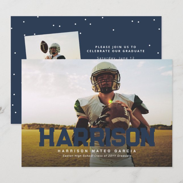 Djärv namngiven idrottsutövare foto marinblå exame inbjudningar (Fram/baksida)
