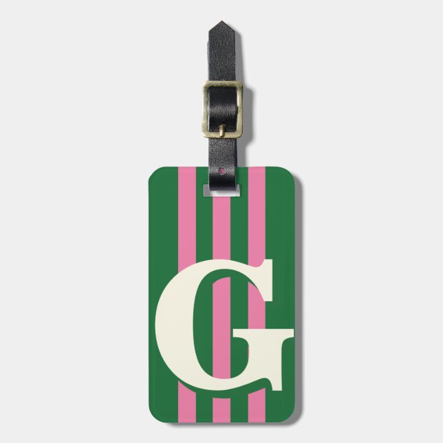 Djärv Personlig Initial, Rosa och Grön Rand Bagagebricka (Vertikal Framsida)