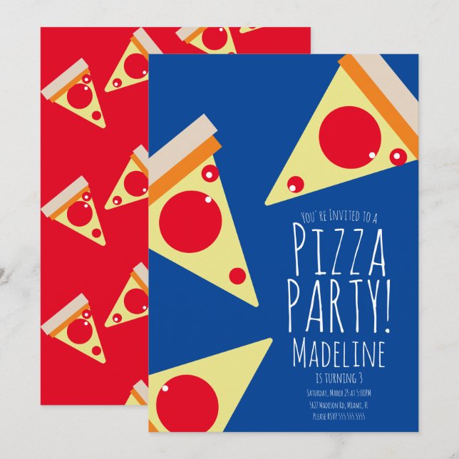 Djärv Pizzafödelsedagsfest Restaurang Blå Inbjudningar (Fram/baksida)