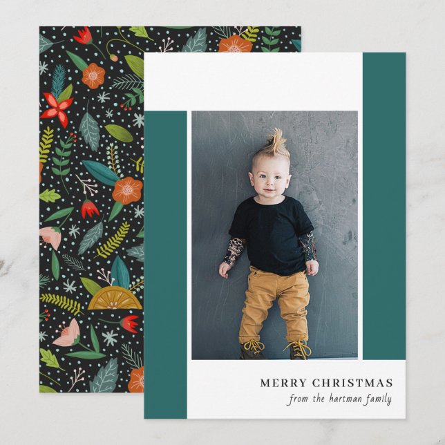 Djärv Retro Citrus & Blommig Teal Julfotokort Julkort (Fram/baksida)