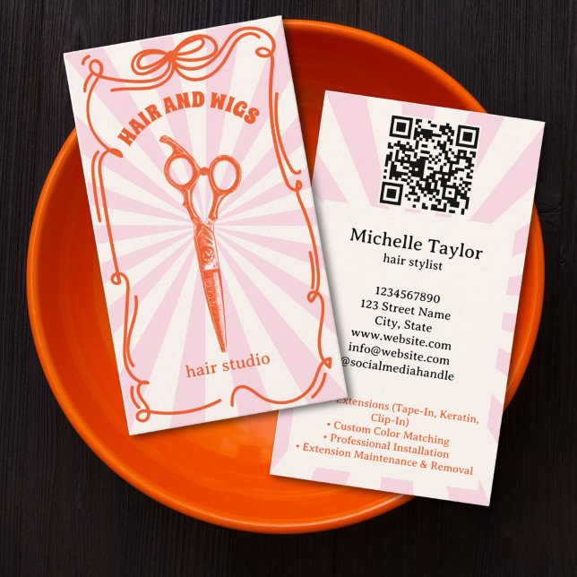 Djärv Retro Frisörst Whimsical Doodle Rosa Röd Visitkort (Bold Retro Hair Stylist Whimsical Doodle Pink Red Business Card)