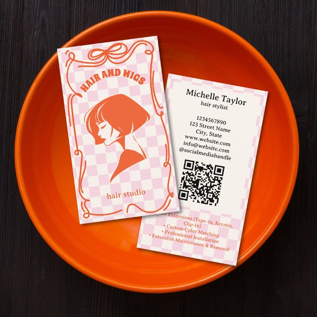 Djärv Retro Frisörst Whimsical Klotter Rosa Röd Visitkort (Bold Retro Hair Stylist Whimsical Doodle Pink Red Business Card)