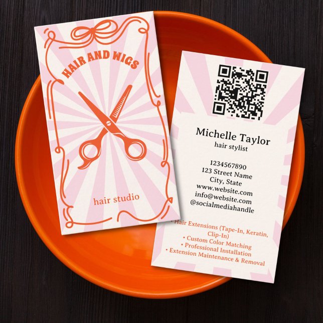 Djärv Retro Frisörst Whimsical Klotter Rosa Röd Visitkort (Bold Retro Hair Stylist Whimsical Doodle Pink Red Business Card)