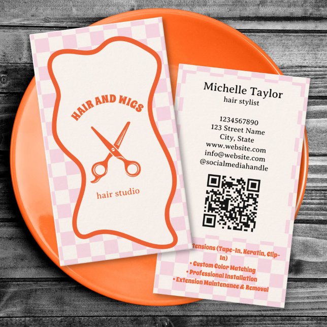 Djärv Retro Frisörst Whimsical Klotter Rosa Röd Visitkort (bold retro 70s hair scissors doodle business card)