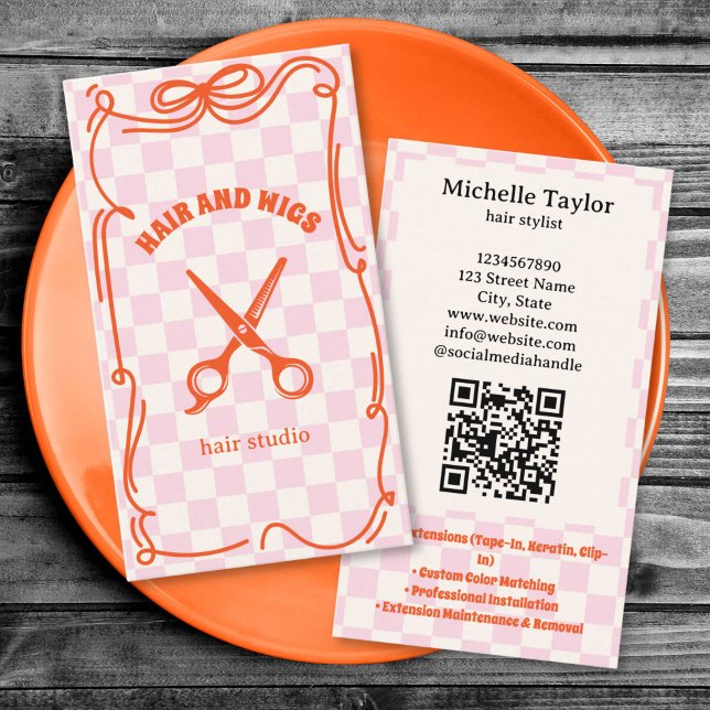 Djärv Retro Frisörstylist Whimsical Klotter Rosa R Visitkort (bold retro 70s hair scissors doodle business card)