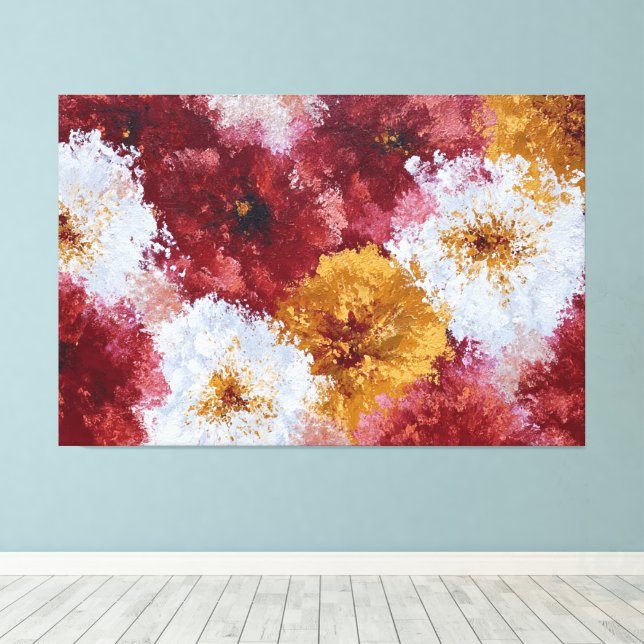 Djärv röd och gul blomsterabstrakt väggkonst canvastryck (Insitu (trägolv))