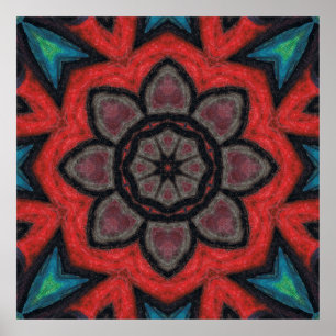 Djärv röd och svart kalejdoskop blommande mandala poster