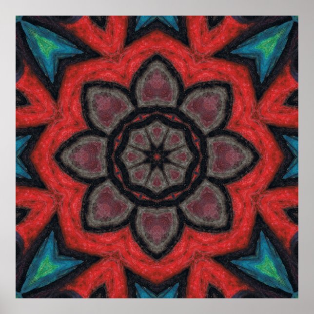 Djärv röd och svart kalejdoskop blommande mandala poster (Framsidan)