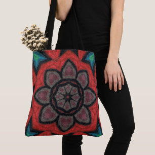Djärv röd och svart kalejdoskop blommande mandala tygkasse