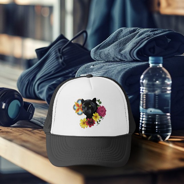 Djärv Svart Botanisk Blommig Panther Illustration Keps (Skapare uppladdad)