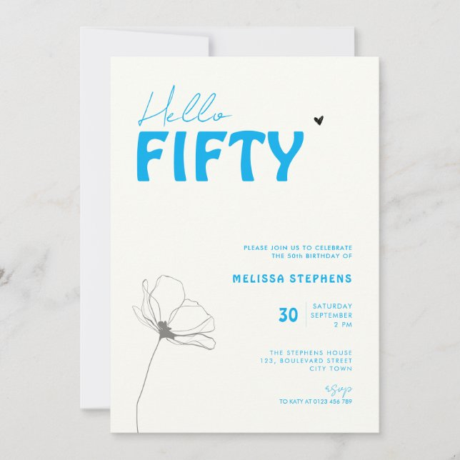 Djärv typografi Elfenbensblå Elegant 50-årsdag Inbjudningar (Framsida)