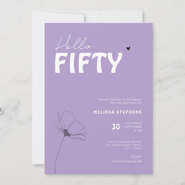 Djärv typografi Lila Vit Elegant 50-årsdag Inbjudningar (Framsida)
