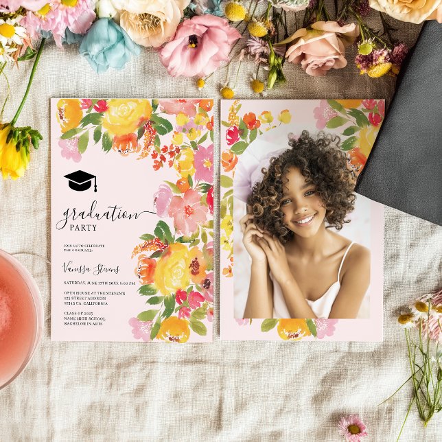 Djärv Vildblomma Blommig Akvarell Foto Examen Inbjudningar (Bold Wildflower Floral Watercolor Photo Graduation Invitation)