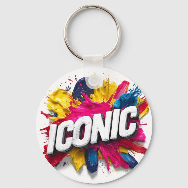 Djärv vit "ICONIC" text färgrik färgsprut Nyckelring (Framsida)