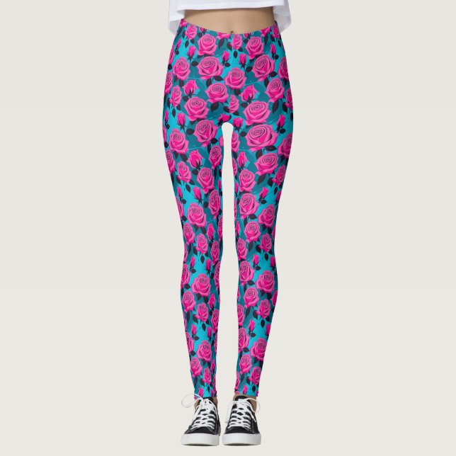 Djärva Abstrakt Rosor I Neon Rosa  Leggings (Framsida)