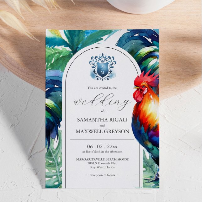 Djärva akvarell Key West bröllopsinbjudningar Inbjudningar (Bright and bold color wedding invitations feature rooster watercolor by Victoria Grigaliunas)