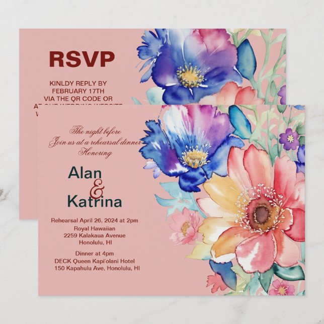 Djärva Blommiga Korall Rosa Övningsmiddag Inbjudningar (Fram/baksida)