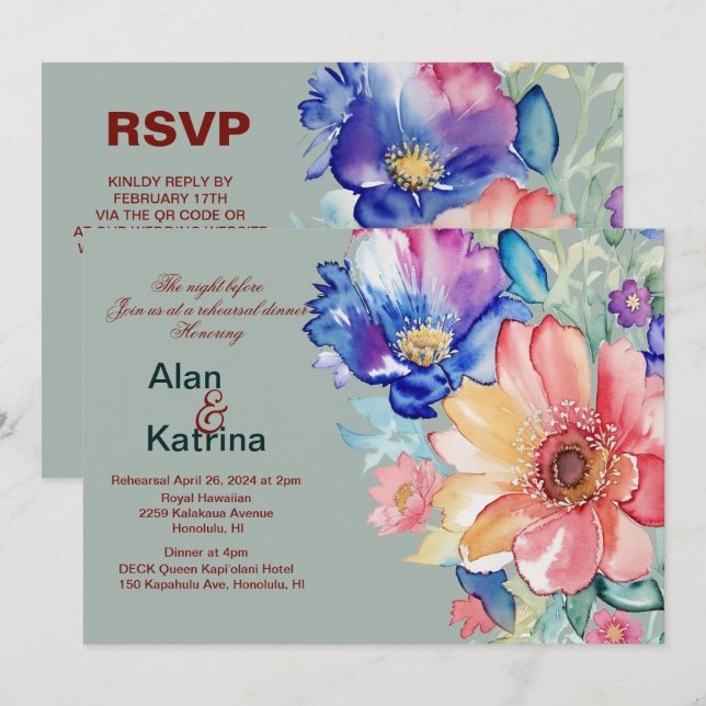 Djärva blommor Eukalyptus Grön Generalrepetition M Inbjudningar (Fram/baksida)