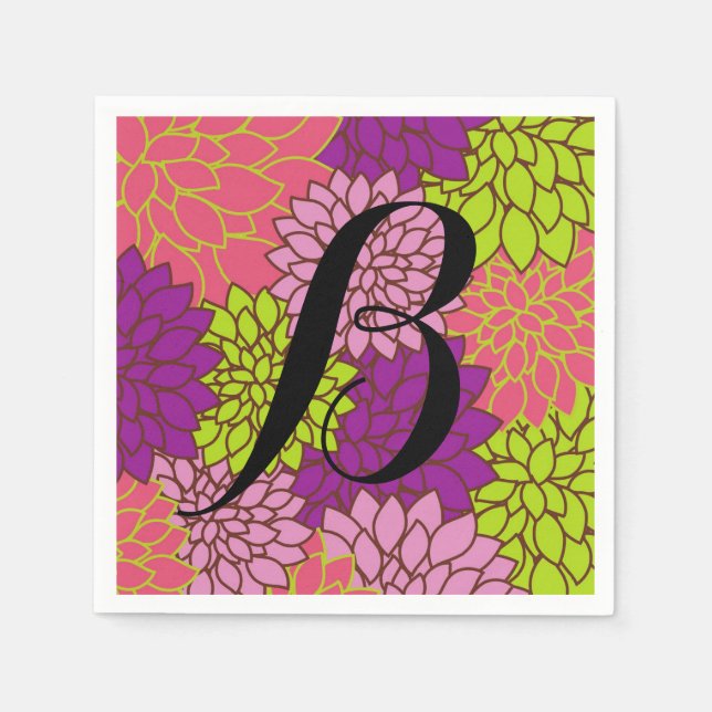 Djärva blommor i limegrön rosa lila din initial pappersservett (Framsidan)