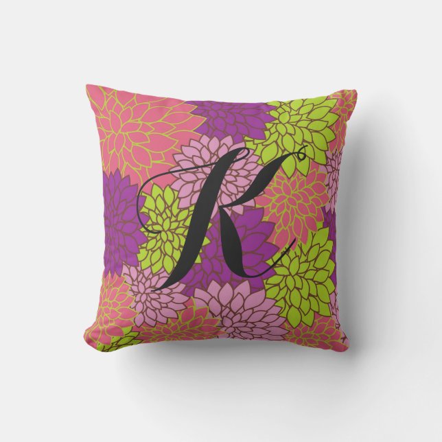 Djärva blommor med initial i limegrönt, rosa, lila utomhuskudde (Framsida)