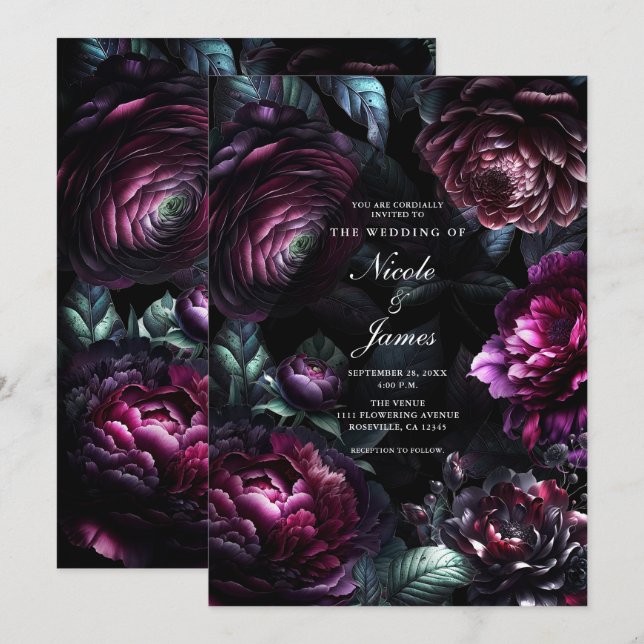 Djärva Blommor Svarta Förtrollade Blommiga Bröllop Inbjudningar (Fram/baksida)