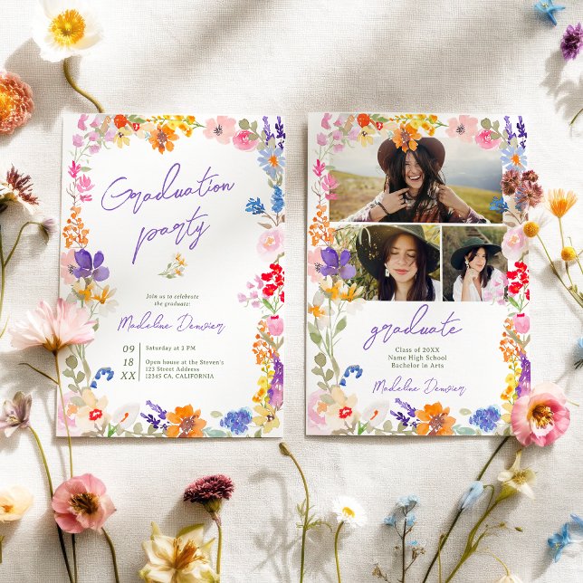 Djärva Boho Ljus Vildblomma Foto Examen Inbjudningar (Bold Boho Bright Wildflower Photo Graduation Invitation)